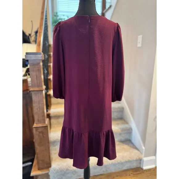 DKNY Plum Shift Dress Sz 6 Lined Ruffle Blubble Sleeve Romantic Date Night NWOT - Picture 3 of 6